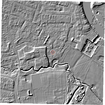 Shaded relief map of the ground around KT168QT, computed from Environment Agency LiDAR. The ground here sits at about 12 m above sea level and falls 6 m across the surrounding 800 m. Surface water reaching this point runs off ground lying to the west, 3.1 m higher.