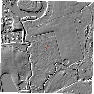 Shaded relief map of the ground around KT168QU, computed from Environment Agency LiDAR. The ground here sits at about 14 m above sea level and falls 6 m across the surrounding 800 m. Surface water reaching this point runs off ground lying to the north-north-east, 0.9 m higher.