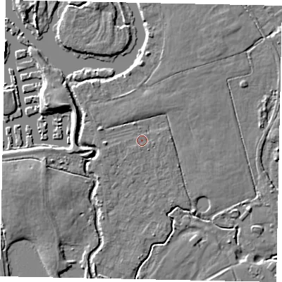Shaded relief map of the ground around KT168QW, computed from Environment Agency LiDAR. The ground here sits at about 14 m above sea level and falls 6 m across the surrounding 800 m. Surface water reaching this point runs off ground lying to the east-south-east, 0.5 m higher.