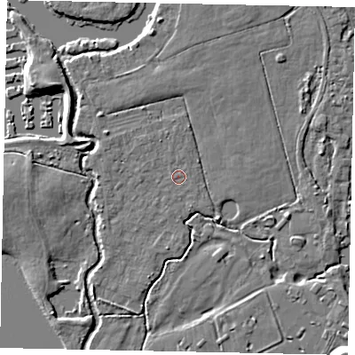 Shaded relief map of the ground around KT168QX, computed from Environment Agency LiDAR. The ground here sits at about 13 m above sea level and falls 8 m across the surrounding 800 m. Surface water reaching this point runs off ground lying to the north-north-west, 0.9 m higher.