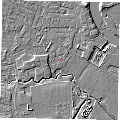 Shaded relief map of the ground around KT168QY, computed from Environment Agency LiDAR. The ground here sits at about 12 m above sea level and falls 6 m across the surrounding 800 m. Surface water reaching this point runs off ground lying to the west, 3.1 m higher.