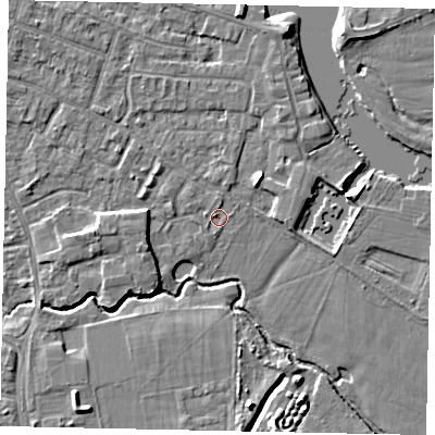 Shaded relief map of the ground around KT168QZ, computed from Environment Agency LiDAR. The ground here sits at about 12 m above sea level and falls 6 m across the surrounding 800 m. Surface water reaching this point runs off ground lying to the west-north-west, 0.7 m higher.