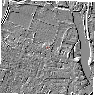 Shaded relief map of the ground around KT168RA, computed from Environment Agency LiDAR. The ground here sits at about 13 m above sea level and falls 4 m across the surrounding 800 m. Surface water reaching this point runs off ground lying to the west-north-west, 0.5 m higher.
