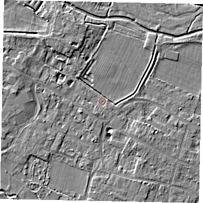 Shaded relief map of the ground around KT168RG, computed from Environment Agency LiDAR. The ground here sits at about 13 m above sea level and falls 5 m across the surrounding 800 m. Surface water reaching this point runs off ground lying to the north-north-west, 5.1 m higher.