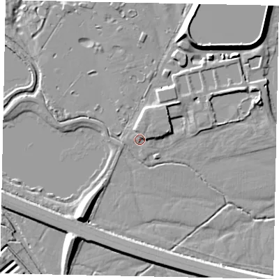 Shaded relief map of the ground around KT168RN, computed from Environment Agency LiDAR. The ground here sits at about 13 m above sea level and falls 10 m across the surrounding 800 m. Surface water reaching this point runs off ground lying to the north-north-east, 2.5 m higher.