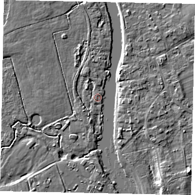 Shaded relief map of the ground around KT168RP, computed from Environment Agency LiDAR. The ground here sits at about 13 m above sea level and falls 7 m across the surrounding 800 m. Surface water reaching this point runs off ground lying to the north-north-west, 2.2 m higher.