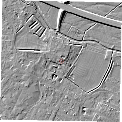 Shaded relief map of the ground around KT168RQ, computed from Environment Agency LiDAR. The ground here sits at about 15 m above sea level and falls 11 m across the surrounding 800 m. Surface water reaching this point runs off ground lying to the north-north-west, 2.0 m higher.