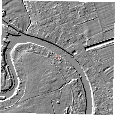 Shaded relief map of the ground around KT168RR, computed from Environment Agency LiDAR. The ground here sits at about 13 m above sea level and falls 4 m across the surrounding 800 m. Surface water reaching this point runs off ground lying to the west-north-west, 3.6 m higher.