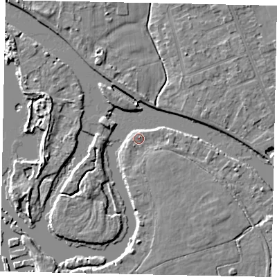 Shaded relief map of the ground around KT168RS, computed from Environment Agency LiDAR. The ground here sits at about 13 m above sea level and falls 5 m across the surrounding 800 m. Surface water reaching this point runs off ground lying to the south-east, 1.4 m higher.