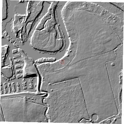 Shaded relief map of the ground around KT168RT, computed from Environment Agency LiDAR. The ground here sits at about 14 m above sea level and falls 6 m across the surrounding 800 m. Surface water reaching this point runs off ground lying to the north-east, 2.9 m higher.