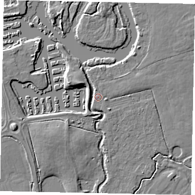 Shaded relief map of the ground around KT168RU, computed from Environment Agency LiDAR. The ground here sits at about 14 m above sea level and falls 6 m across the surrounding 800 m. Surface water reaching this point runs off ground lying to the west-north-west, 4.4 m higher.
