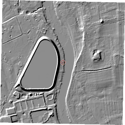 Shaded relief map of the ground around KT168RW, computed from Environment Agency LiDAR. The ground here sits at about 13 m above sea level and falls 9 m across the surrounding 800 m. Surface water reaching this point runs off ground lying to the north-west, 8.1 m higher.