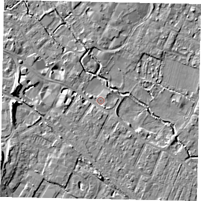 Shaded relief map of the ground around KT168SH, computed from Environment Agency LiDAR. The ground here sits at about 13 m above sea level and falls 10 m across the surrounding 800 m. Surface water reaching this point runs off ground lying to the west-north-west, 1.7 m higher.