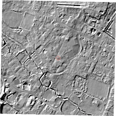 Shaded relief map of the ground around KT169AA, computed from Environment Agency LiDAR. The ground here sits at about 13 m above sea level and falls 11 m across the surrounding 800 m. Surface water reaching this point runs off ground lying to the north-north-east, 1.7 m higher.