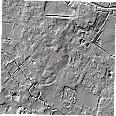Shaded relief map of the ground around KT169AG, computed from Environment Agency LiDAR. The ground here sits at about 14 m above sea level and falls 5 m across the surrounding 800 m. Surface water reaching this point runs off ground lying to the north, 1.4 m higher.