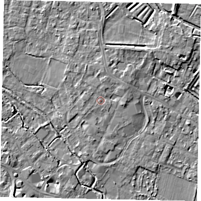 Shaded relief map of the ground around KT169AP, computed from Environment Agency LiDAR. The ground here sits at about 14 m above sea level and falls 8 m across the surrounding 800 m. Surface water reaching this point runs off ground lying to the north-north-east, 1.5 m higher.