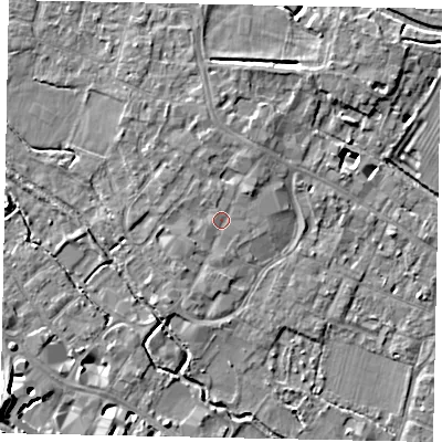 Shaded relief map of the ground around KT169AS, computed from Environment Agency LiDAR. The ground here sits at about 14 m above sea level and falls 10 m across the surrounding 800 m. Surface water reaching this point runs off ground lying to the north-east, 1.6 m higher.