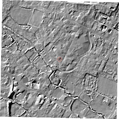 Shaded relief map of the ground around KT169AU, computed from Environment Agency LiDAR. The ground here sits at about 14 m above sea level and falls 11 m across the surrounding 800 m. Surface water reaching this point runs off ground lying to the north-north-east, 0.9 m higher.