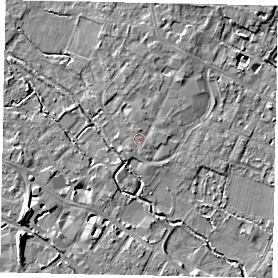 Shaded relief map of the ground around KT169AX, computed from Environment Agency LiDAR. The ground here sits at about 14 m above sea level and falls 11 m across the surrounding 800 m. Surface water reaching this point runs off ground lying to the north, 0.9 m higher.