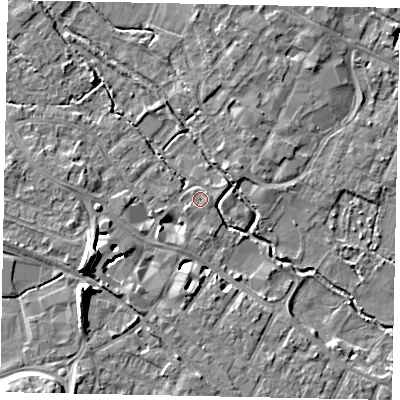 Shaded relief map of the ground around KT169AY, computed from Environment Agency LiDAR. The ground here sits at about 13 m above sea level and falls 11 m across the surrounding 800 m. Surface water reaching this point runs off ground lying to the south-west, 0.8 m higher.
