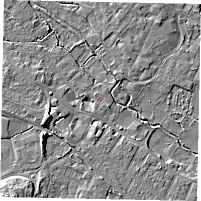Shaded relief map of the ground around KT169BA, computed from Environment Agency LiDAR. The ground here sits at about 13 m above sea level and falls 11 m across the surrounding 800 m. Surface water reaching this point runs off ground lying to the south-east, 0.8 m higher.