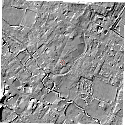 Shaded relief map of the ground around KT169BB, computed from Environment Agency LiDAR. The ground here sits at about 14 m above sea level and falls 11 m across the surrounding 800 m. Surface water reaching this point runs off ground lying to the north-north-east, 1.7 m higher.