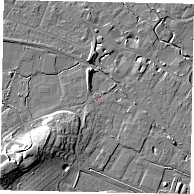 Shaded relief map of the ground around KT169BH, computed from Environment Agency LiDAR. The ground here sits at about 15 m above sea level and falls 18 m across the surrounding 800 m. Surface water reaching this point runs off ground lying to the south-south-west, 3.1 m higher.