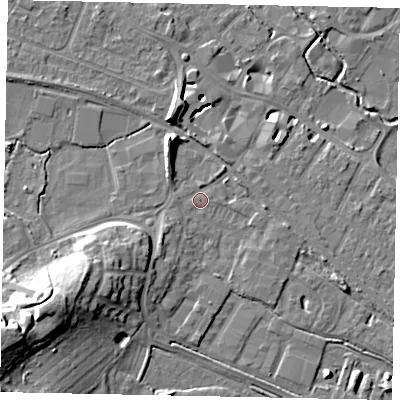 Shaded relief map of the ground around KT169BJ, computed from Environment Agency LiDAR. The ground here sits at about 15 m above sea level and falls 18 m across the surrounding 800 m. Surface water reaching this point runs off ground lying to the south-south-west, 3.7 m higher.