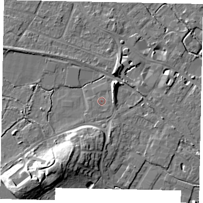 Shaded relief map of the ground around KT169BN, computed from Environment Agency LiDAR. The ground here sits at about 15 m above sea level and falls 18 m across the surrounding 800 m. Surface water reaching this point runs off ground lying to the east, 2.5 m higher.