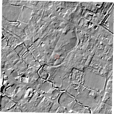 Shaded relief map of the ground around KT169BP, computed from Environment Agency LiDAR. The ground here sits at about 14 m above sea level and falls 10 m across the surrounding 800 m. Surface water reaching this point runs off ground lying to the south-west, 1.1 m higher.