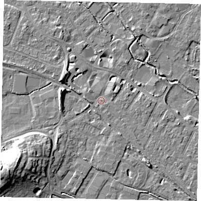 Shaded relief map of the ground around KT169BQ, computed from Environment Agency LiDAR. The ground here sits at about 14 m above sea level and falls 16 m across the surrounding 800 m. Surface water reaching this point runs off ground lying to the west, 1.5 m higher.
