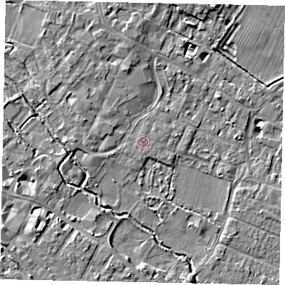 Shaded relief map of the ground around KT169BU, computed from Environment Agency LiDAR. The ground here sits at about 13 m above sea level and falls 5 m across the surrounding 800 m. Surface water reaching this point runs off ground lying to the south-south-west, 0.6 m higher.