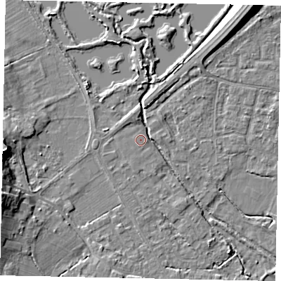 Shaded relief map of the ground around KT169DA, computed from Environment Agency LiDAR. The ground here sits at about 14 m above sea level and falls 11 m across the surrounding 800 m. Surface water reaching this point runs off ground lying to the north-east, 9.3 m higher.