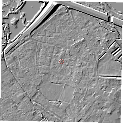 Shaded relief map of the ground around KT169DH, computed from Environment Agency LiDAR. The ground here sits at about 13 m above sea level and falls 11 m across the surrounding 800 m. Surface water reaching this point runs off ground lying to the east-south-east, 1.7 m higher.