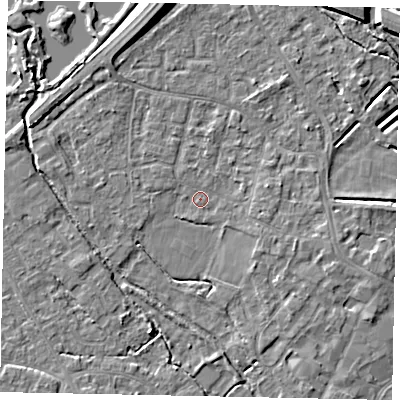 Shaded relief map of the ground around KT169DL, computed from Environment Agency LiDAR. The ground here sits at about 13 m above sea level and falls 9 m across the surrounding 800 m. Surface water reaching this point runs off ground lying to the east, 1.8 m higher.