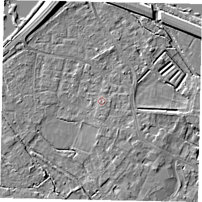 Shaded relief map of the ground around KT169DN, computed from Environment Agency LiDAR. The ground here sits at about 14 m above sea level and falls 11 m across the surrounding 800 m. Surface water reaching this point runs off ground lying to the east-south-east, 1.3 m higher.