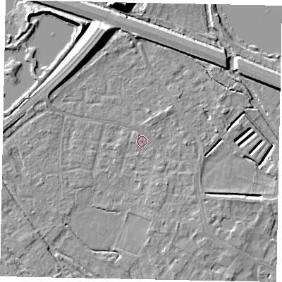 Shaded relief map of the ground around KT169DQ, computed from Environment Agency LiDAR. The ground here sits at about 13 m above sea level and falls 11 m across the surrounding 800 m. Surface water reaching this point runs off ground lying to the south-east, 1.7 m higher.
