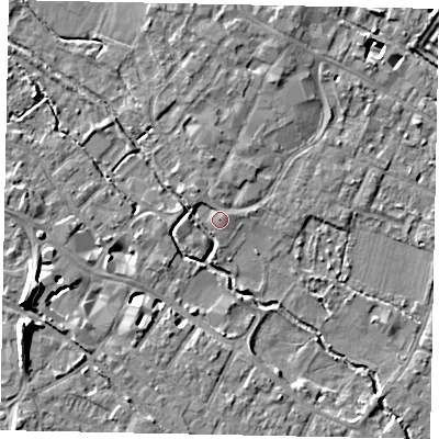 Shaded relief map of the ground around KT169DR, computed from Environment Agency LiDAR. The ground here sits at about 13 m above sea level and falls 11 m across the surrounding 800 m. Surface water reaching this point runs off ground lying to the north-north-east, 0.7 m higher.