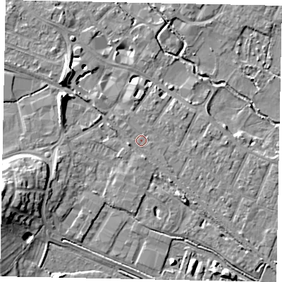 Shaded relief map of the ground around KT169DS, computed from Environment Agency LiDAR. The ground here sits at about 14 m above sea level and falls 13 m across the surrounding 800 m. Surface water reaching this point runs off ground lying to the west-north-west, 1.1 m higher.