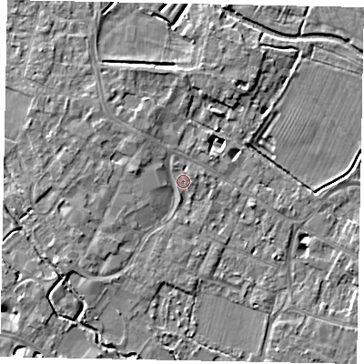 Shaded relief map of the ground around KT169DT, computed from Environment Agency LiDAR. The ground here sits at about 13 m above sea level and falls 5 m across the surrounding 800 m. Surface water reaching this point runs off ground lying to the west-north-west, 2.5 m higher.