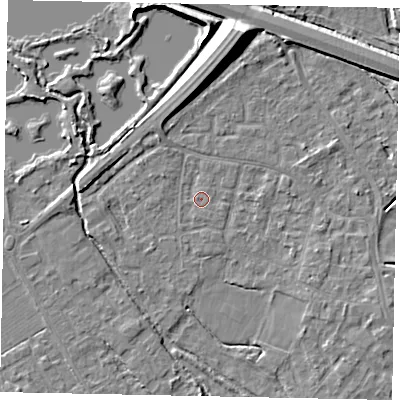 Shaded relief map of the ground around KT169DU, computed from Environment Agency LiDAR. The ground here sits at about 13 m above sea level and falls 11 m across the surrounding 800 m. Surface water reaching this point runs off ground lying to the west-north-west, 0.7 m higher.