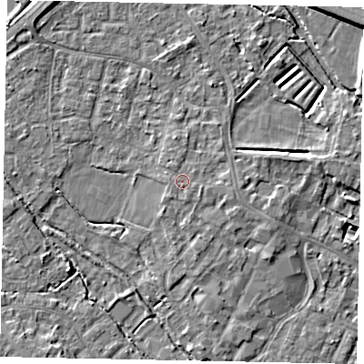Shaded relief map of the ground around KT169DW, computed from Environment Agency LiDAR. The ground here sits at about 14 m above sea level and falls 7 m across the surrounding 800 m. The ground contributing surface water to this point lies to the east-south-east.