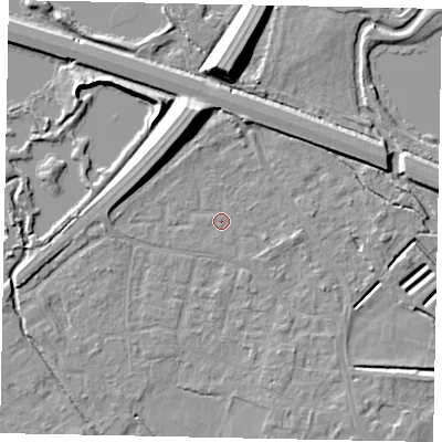Shaded relief map of the ground around KT169DX, computed from Environment Agency LiDAR. The ground here sits at about 13 m above sea level and falls 11 m across the surrounding 800 m. Surface water reaching this point runs off ground lying to the north-north-east, 3.3 m higher.