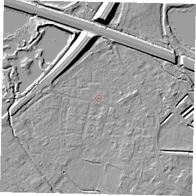 Shaded relief map of the ground around KT169DY, computed from Environment Agency LiDAR. The ground here sits at about 13 m above sea level and falls 11 m across the surrounding 800 m. The ground contributing surface water to this point lies to the north.