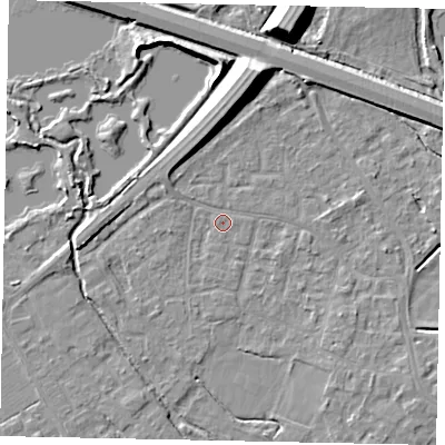 Shaded relief map of the ground around KT169DZ, computed from Environment Agency LiDAR. The ground here sits at about 13 m above sea level and falls 11 m across the surrounding 800 m. Surface water reaching this point runs off ground lying to the north-north-east, 9.2 m higher.