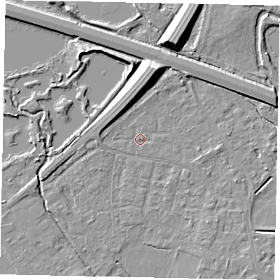 Shaded relief map of the ground around KT169EA, computed from Environment Agency LiDAR. The ground here sits at about 13 m above sea level and falls 11 m across the surrounding 800 m. Surface water reaching this point runs off ground lying to the north-north-east, 9.2 m higher.