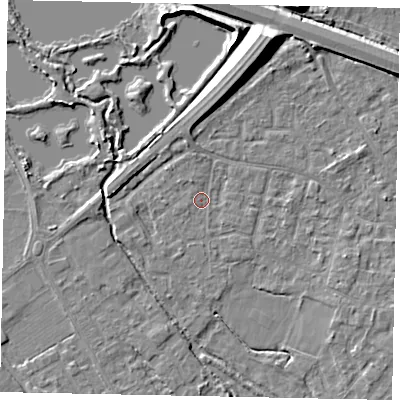Shaded relief map of the ground around KT169EB, computed from Environment Agency LiDAR. The ground here sits at about 13 m above sea level and falls 11 m across the surrounding 800 m. Surface water reaching this point runs off ground lying to the north, 1.1 m higher.