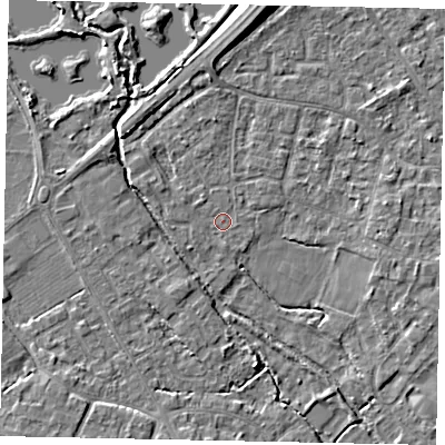 Shaded relief map of the ground around KT169ED, computed from Environment Agency LiDAR. The ground here sits at about 13 m above sea level and falls 8 m across the surrounding 800 m. Surface water reaching this point runs off ground lying to the north, 2.7 m higher.