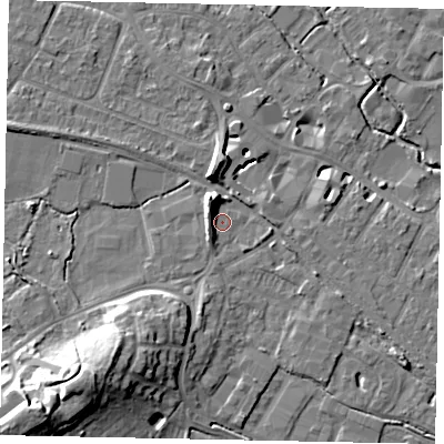 Shaded relief map of the ground around KT169EE, computed from Environment Agency LiDAR. The ground here sits at about 14 m above sea level and falls 18 m across the surrounding 800 m. Surface water reaching this point runs off ground lying to the north-west, 6.6 m higher.