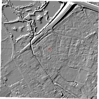 Shaded relief map of the ground around KT169EF, computed from Environment Agency LiDAR. The ground here sits at about 13 m above sea level and falls 11 m across the surrounding 800 m. Surface water reaching this point runs off ground lying to the north-north-east, 0.5 m higher.
